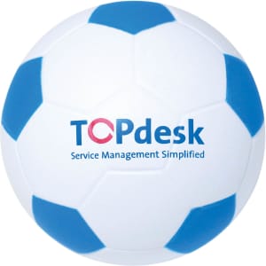 A white football-shaped stress reliever with blue panels and a logo on the surface.