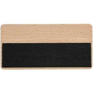 A wooden name badge with a black chalkboard section for writing, featuring a natural wood finish.