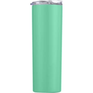 A drink bottle in mint green with a transparent lid, featuring a logo on the side.