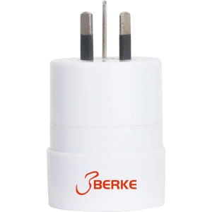 A white multifunctional travel adapter with two prongs and a branding logo.