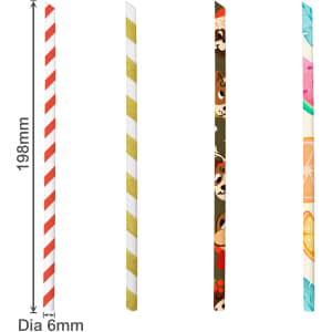 A collection of four custom disposable 4-ply straight angled paper straws in red and white, gold, patterned, and colourful designs.