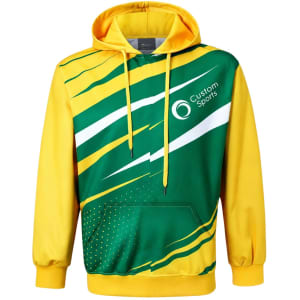A vibrant unisex hoodie featuring a green and yellow design, with a front pocket and a logo on the chest.