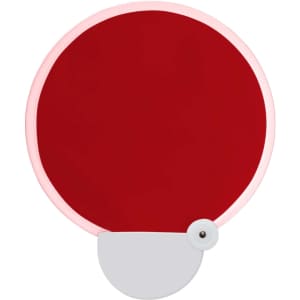 A 20cm foldable fan featuring a red fabric surface with a white handle. It has a circular shape and a logo.