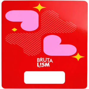 A custom shape paper fan in red with pink abstract heart designs and a logo at the bottom.
