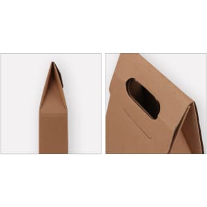 A portable wine box in a brown cardboard material with a handle for easy carrying.