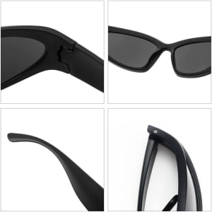 A pair of black wraparound sunglasses displayed from various angles, highlighting their sleek design and structure.