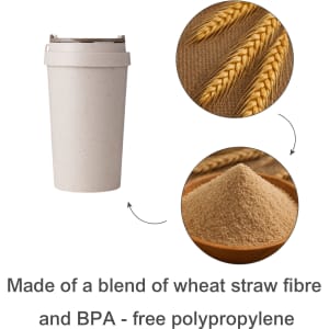A drink bottle in a light beige colour with a textured finish. Features a logo and is made from wheat straw and polypropylene.