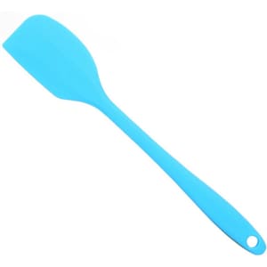A blue silicone spatula with a long handle and a flat, wide head, featuring a hanging hole.