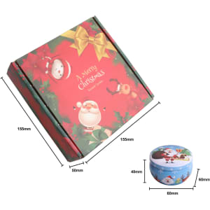A festive tin candle set featuring four colourful candles in a decorative box with Christmas-themed designs.