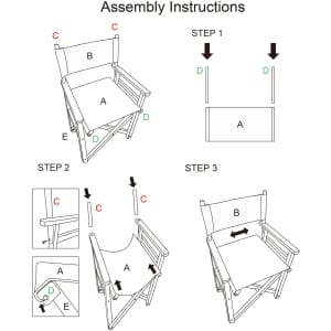 Assembly instructions for a wooden director's chair, featuring labelled parts A, B, C, D, and E.