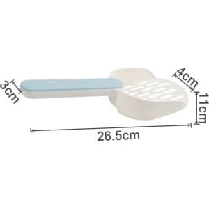 A cat litter scoop in white and light blue, featuring a slotted scoop and a comfortable handle. Dimensions provided.