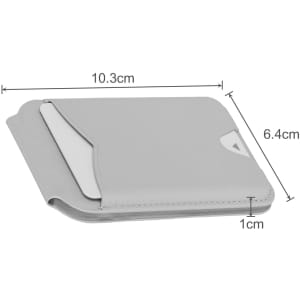 A grey PU magnetic card holder with a mirror, featuring dimensions of 10.3 cm by 6.4 cm by 1 cm.