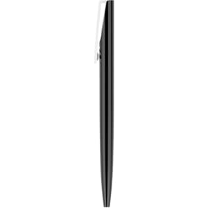 A black plastic pen with a sleek design and silver clip, featuring a simple and modern look.