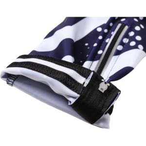 A pair of men's sublimated cycling bib tights featuring a navy blue and white design with a zip and elasticated cuffs.