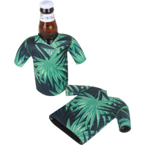 A drink bottle cooler in green with a tropical leaf design, shaped like a cricket jersey. Features short sleeves.