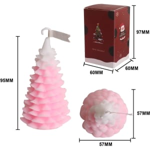 Cedar-shaped candles in pink, featuring a pine cone design, with a decorated gift box.