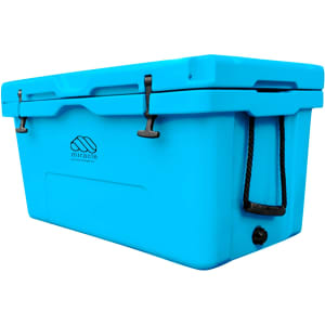 A blue 85L cooler box with a logo, featuring sturdy latches and a portable design.