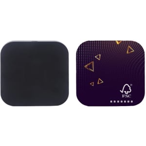A square-shaped wireless charger featuring a black and patterned purple design. Includes a branding logo.