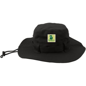 A black outdoor brim hat with a chin strap and a logo on the side. Ideal for outdoor activities.