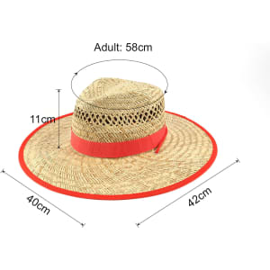 A straw hat with a wide brim, featuring a red band and natural straw colour. Includes measurement details.
