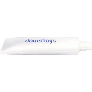 A large white stress reliever shaped like a toothpaste tube, featuring a blue logo.