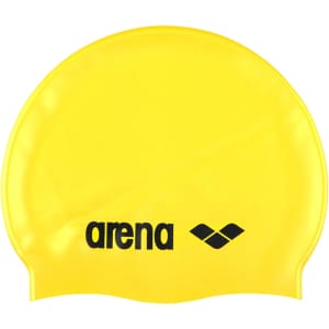 A yellow swimming cap with a logo featuring black branding.