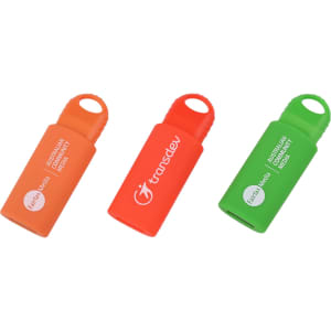 Three flash drives in vibrant orange, red, and green colours, each with a branding logo on them.