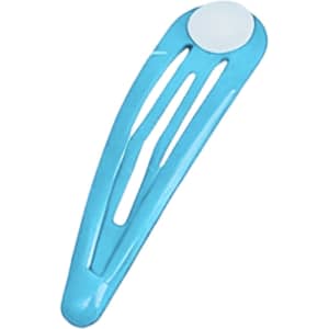 A blue hair clip with a rounded top and an elongated shape, featuring a smooth surface. It has a logo on it.