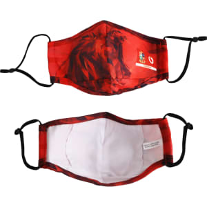 A red 3 ply reusable face mask featuring a lion design, with adjustable straps and interior lining.