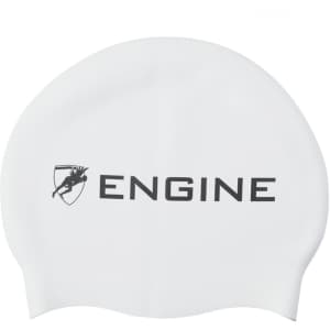 A white swimming cap featuring a logo and the word "ENGINE" in black.