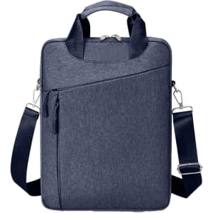 A navy blue business sling laptop bag with a zippered main compartment and a front pocket, featuring a logo.