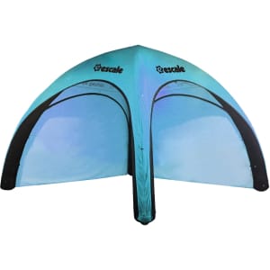 An inflatable marquee in blue and black, featuring a rounded design with transparent panels and a logo on top.