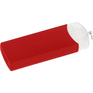 A red USB flash drive with a transparent cap, featuring a logo on the side.