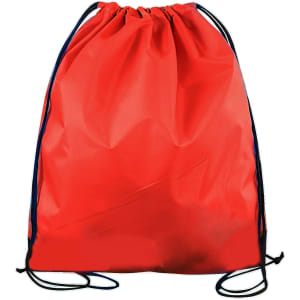 A red polyester drawstring bag with black cords and a simple design, featuring a logo.
