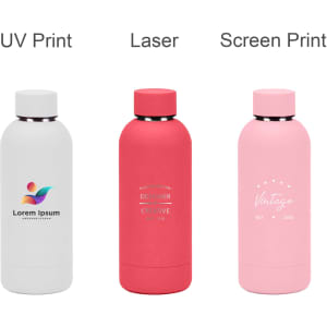 A drink bottle collection featuring a white bottle, a pink bottle, and a light pink bottle, each with a logo.