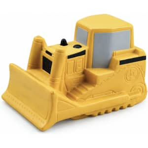A yellow bulldozer-shaped stress reliever with black details and a textured surface. It features a logo on the side.