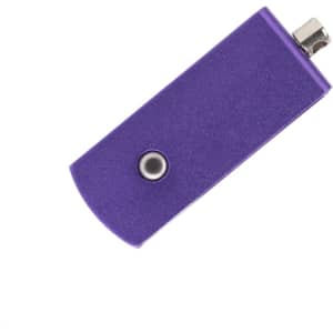 A purple flash drive featuring a swivel design and a metallic connector, with a branding logo on the body.