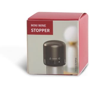 A drink bottle stopper in black, packaged in a red box with a logo, designed for wine preservation.