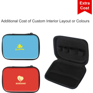 A small zipper case in blue and red, featuring interior compartments, with one case showcasing a logo.