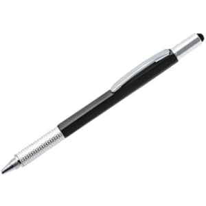 A black multi-function pen with a silver accent and a stylus tip, featuring a logo.