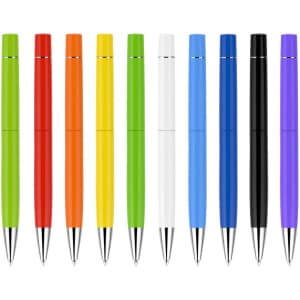 A collection of ten pens in red, orange, yellow, green, white, blue, and black, featuring a sleek design and silver tips.