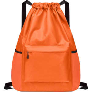 An orange multi-pocket drawstring backpack featuring a front zip pocket and adjustable black straps.