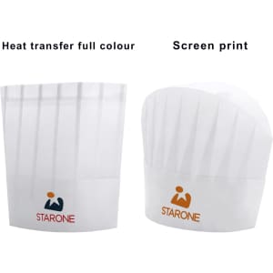 A white disposable non-woven chef hat with pleats and a logo on the front, available in two printing options.