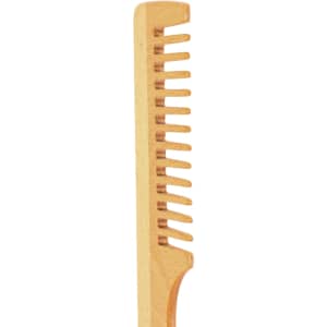 A wide-tooth beech wood comb with a light wooden finish and evenly spaced teeth. It has a branding logo on the handle.