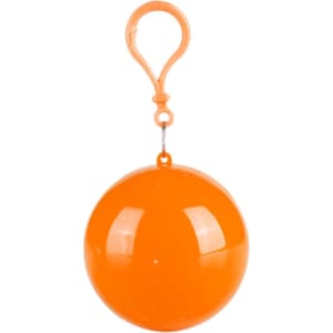 An orange ball with a clip, designed to hold a rain poncho, featuring a shiny finish.