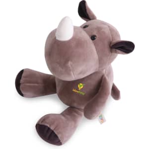 A grey plush toy rhinoceros with a white horn and dark brown accents, featuring a logo on its side.