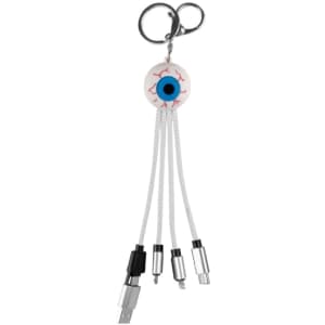 A charging cable with multiple connectors, featuring a keyring and an eyeball design in white and blue.
