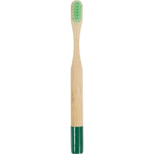 A bamboo toothbrush with a small round handle featuring a green bristle head and a green base. It has a logo.