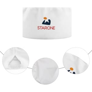 A white chef skull cap featuring a logo, showcasing detail and texture in close-up views.