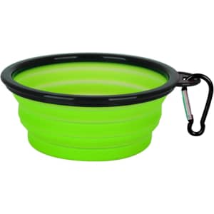 A 350ml collapsible silicone bowl in bright green with a black rim and a carabiner for easy carrying.